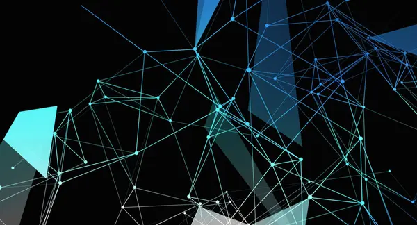 Mavi, turkuaz, beyaz çizgiler ve noktalardan oluşan bir ağ yapısına sahip soyut dijital arkaplan. Bu geometrik tasarım bağlantıları, teknolojiyi ve modern fütüristik kavramı önerir..