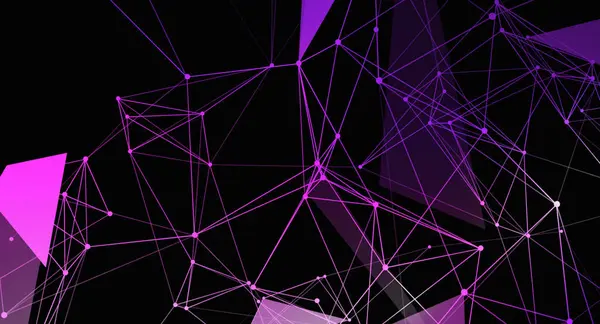 Siyah bir zemin üzerinde noktaları ve çizgileri birleştiren soyut mor geometrik ağ arkaplanı. Bu dijital grafik karmaşık ve birbirine bağlı bir yapıya sahip fütüristik, modern bir tasarıma sahiptir. Teknoloji, bilim veya grafik tasarımı ile ilgili proje için ideal