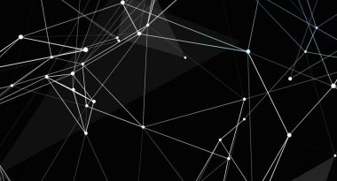 Bir ağ tasarımının soyut görüntüsü. Beyaz noktaları çizgilerle birleştiriyor, koyu bir arka plana karşı geometrik ve geleceksel bir etki yaratıyor. Tasarım bir iletişim ağı, bağlantı ve teknolojik konsept öneriyor..