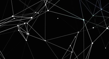 Birbirine bağlı beyaz çizgiler ve siyah arkaplan üzerindeki noktaları gösteren soyut bir resim. Tasarım modern, geometrik bir hissi olan dijital ya da teknolojik bir konsept öneriyor..