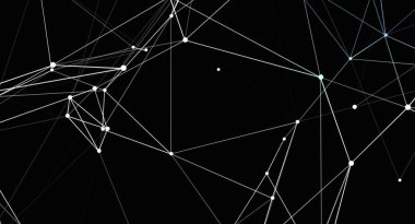 Beyaz noktaları birbirine bağlayan beyaz çizgilerle siyah bir arkaplan üzerine kurulmuş bir ağın grafik tasviri. Bu resim bir bağlantı ve soyut bir yapı hissi iletir. Tasarım, teknolojik ya da dijital bir çerçeveyi işaret ediyor. Temiz ve basit.