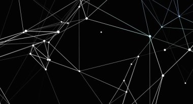 Bu, siyah arkaplan ile beyaz noktaları birleştiren geometrik beyaz çizgilerin oluşturduğu soyut bir resim. Çizgiler ve noktalar, teknoloji ve veri ağlarını hatırlatan bir bağlantı ve dijital yapı hissi yaratıyor. Biraz. 