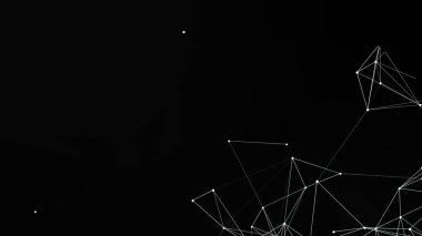 Bu, siyah arkaplanda beyaz çizgiler ve noktalardan oluşan bir ağ içeren grafik bir illüstrasyon. Modern, soyut bir tasarımı var. Elementler, bağlantı ve yapıyı gösteren geometrik bir kalıp oluşturuyor..