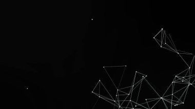 Siyah bir zemin üzerinde beyaz noktalar ve çizgilerden oluşan bir ağ içeren soyut bir illüstrasyon. Bu tasarım, çeşitli yaratıcı projeler için uygun bir teknoloji, veri ve birbirine bağlılığı çağrıştırıyor..