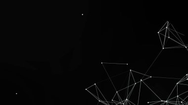 Bağlı beyaz noktalar ve çizgilerden oluşan bir ağı teknoloji ve dijital konsept görseller için uygun, koyu siyah bir arkaplan üzerinde gösteren minimalist soyut bir çizim..
