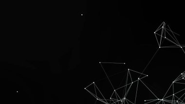 Beyaz çizgileri ve noktaları olan minimalist soyut bir resim koyu bir arkaplanda ağ bağlantısı deseni oluşturuyor. Bu geometrik tasarım modern ve dijital temalar için mükemmel, geleceksel ve teknolojik bir hissi çağrıştırıyor..