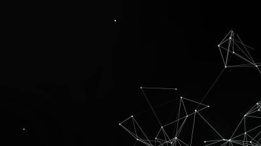 Bir ağ bağlantısının soyut bir çizimi. Beyaz çizgiler ve noktalar siyah bir zemine karşı geometrik yapılar oluşturur. Bu dijital tasarım veri, teknoloji ve iletişim gibi kavramları temsil eder..