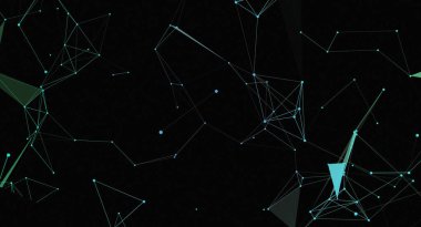 Açık mavi çizgilerden oluşan bir ağ ve siyah bir arkaplan karşısında çokgen bir desen oluşturan noktalardan oluşan soyut bir resim. Tasarım, bir teknoloji ve birbirine bağlılığı çağrıştırıyor..