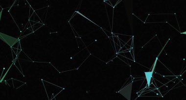 Birbirine bağlı çizgi ve noktalardan oluşan modern bir soyut arkaplan resmi. Çizgiler ve noktalar koyu bir arkaplan karşısında mavi ve yeşil tonlarda, fütüristik ve teknolojik bir his yaratıyor. Teknoloji veya tasarım için mükemmel.