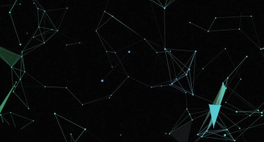 Ağ yapısını oluşturan açık mavi çizgiler ve düğümlerle soyut dijital illüstrasyon, siyah bir arkaplan üzerine kurulmuştur. Bu çokgen tasarım, bağlantıları ve teknolojiyi öneriyor.