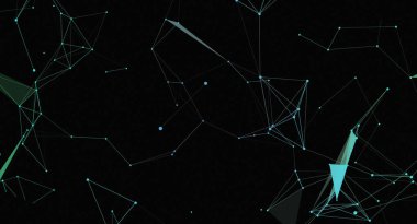 Bu soyut resim, bir grafik ögesi, teknoloji arkaplanı veya veri görselleştirmesi için uygun, açık mavi ve yeşil renkli bir ağ ve noktalardan oluşan bir ağı gösterir..