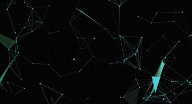 Bu soyut resim, birbirine bağlı mavi noktalar ve çizgilerden oluşan bir ağı siyah bir arkaplan üzerinde göstererek karmaşık bir geometrik tasarım yaratır. Yapı, çeşitli grafikler için uygun dijital bağlantı ve modern teknoloji hissini iletir.