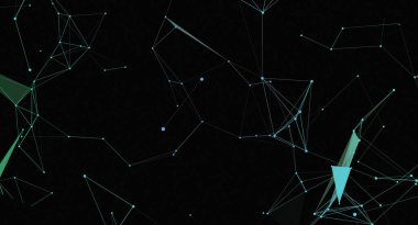 Karanlık bir arkaplan karşısında birbirine bağlı mavi noktalar ve çizgilerden oluşan bir ağ içeren soyut bir görüntü dijital ve gelecekçi bir his yaratıyor. Geometrik yapı, bağlantıları ve teknolojik sistemleri öneriyor.