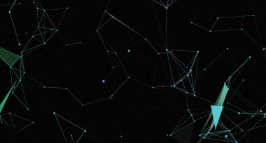 Karanlık bir arkaplanda birbirine bağlı çizgiler ve noktalar içeren soyut bir dijital ağ çizimi. Bu geometrik desen bağlantı, teknoloji ve geleceksel tasarım temalarını çağrıştırıyor. Mavi çizgiler ve noktalar bir görsel oluşturur.