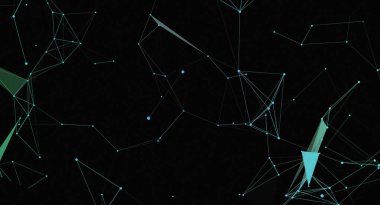 Bu resim birbirine bağlı çizgilerden oluşan soyut bir ağı ve karanlık bir arkaplandaki noktaları gösteriyor, geometrik bir yapı yaratıyor. Görüntü teknoloji, iletişim ve dijital ağlarla ilgili projeler için uygun olacaktır..
