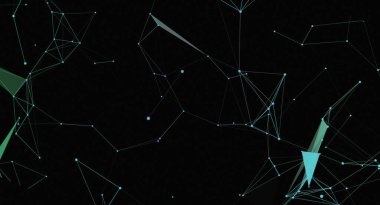 Bu resim, koyu bir arkaplan üzerine kurulmuş soyut bir çizgi ve noktalar ağını betimler. Yapı, gelecekteki teknolojik bir ağ ya da karmaşık bir molekülü andıran geometrik bir dijital desen gibi görünüyor. Açık mavi ve yeşil renkler.