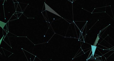 Siyah bir arkaplan üzerinden birbirine bağlı mavi noktaların dijital grafiği. Tasarım, soyut ve modern görünümlü bir ağ, teknoloji veya dijital bir yapı öneriyor..