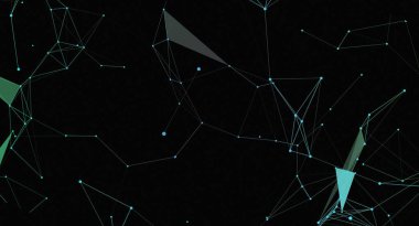 Mavi ve yeşil çizgileri ve noktaları olan soyut geometrik bir ağ koyu bir arkaplanda gösterilir. Tasarım, karmaşık birbirine bağlı şekiller, ışık ve karanlık elementlerle modern ve fütürist bir konsepte sahiptir..