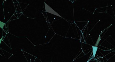 Bu resim soyut bir dijital ağ bağlantısını gösterir. Görüntü, siyah zemin üzerinde karmaşık bir geometrik ağ oluşturan çizgilerle birbirine bağlı mavi ve yeşil noktalar içerir. Bu tasarım bir teknoloji, bağlantı ve veri akışı hissini iletir..