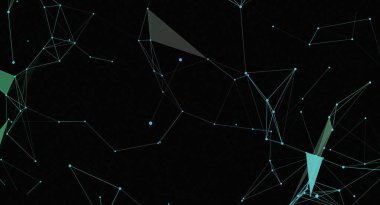 İnce çizgiler ve küçük noktalardan oluşan, çeşitli geometrik şekiller oluşturan soyut bir ağ içeren karanlık bir zemin. Çizgiler çoğunlukla açık mavi ve yeşil tonlardadır. Birkaç üçgen katı renklerle doludur..