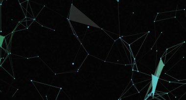 Bağlı çizgi ve noktalardan oluşan soyut bir ağ koyu bir arkaplan karşısında görüntülenir. Bu modern tasarım geometrik şekiller ve mavi ve yeşil tonlarla geleceksel bir görünüm ve his yaratır..