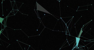Siyah bir zemin üzerine bağlanmış açık mavi noktalar ve çizgilerden oluşan bir ağı gösteren soyut bir arkaplan resmi, geometrik şekiller ve gelecekteki teknolojik tasarımlar yaratıyor..