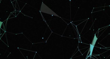 Koyu bir arkaplan, soyut bağlantılar yaratan parlak cyan çizgileri ve noktalardan oluşan bir ağ içerir. Geometrik, geleceksel tasarım veri transferi, teknoloji veya dijital bir yapı önerir.