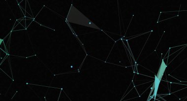 Bu soyut resim, koyu bir arkaplan karşısında birbirine bağlı çizgiler ve düğümlerden oluşan bir ağı temsil eder. Ağ karmaşık bir yapı ve bağlantı öneriyor.