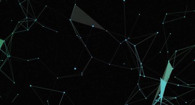 Bu resim, açık mavi noktalar ve çizgiler oluşturan karanlık bir arkaplan karşısında soyut bir ağ bağlantı yapısını gösterir. Teknoloji ve dijital iletişimi çağrıştırıyor..
