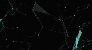 Siyah arkaplanda açık mavi çizgiler ve noktalardan oluşan fütüristik soyut bir arkaplan. Bu geometrik şablon dijital ve teknolojiyle ilgili tasarım projeleri için uygundur, modern tasarım ve bağlantı duygusu sergilenir.