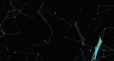 Bu soyut resim siyah bir arkaplan üzerinde düğümleri birbirine bağlayan ışık cyan çizgileri ağını gösterir. Tasarım dijital bağlantı, fütüristik teknoloji ve karmaşık veri yapısını iletir..