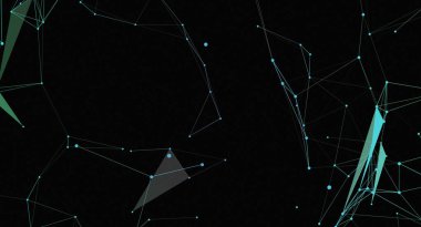 Bu resim siyah bir arkaplan üzerinde bağlı mavi ve yeşil çizgiler ve düğümlerden oluşan soyut bir ağ içerir. Tasarım modern ve geometrik, teknoloji ve dijital bağlantıları gösteriyor.