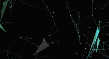 Karanlık bir arkaplandaki ağ bağlantılarının soyut görüntüsü. Resim, çeşitli noktaları birbirine bağlayan açık mavi ve yeşil çizgileri modern ve fütüristik bir geometrik desen oluşturur..