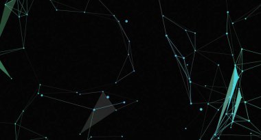 Birbirine bağlı çizgi ve düğümlerden oluşan soyut bir ağ koyu bir arkaplan karşısında görüntülenir. Çizgiler açık mavi renktedir ve geometrik şekiller oluşturur. Bazı şekillerin açık yeşil dolguları var..