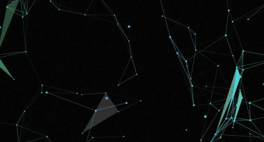 Bu resim koyu bir arkaplan üzerinde bağlı mavi noktalar ve çizgilerden oluşan soyut bir ağı gösterir. Ağ, dijital bir bağlantı veya iletişim sistemine benzeyen geometrik ve fütüristik bir ağ gibi görünüyor. Veri, teknoloji gibi kavramları temsil edebilir.