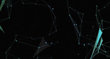 Birbirine bağlı çizgiler ve düğümlerle soyut arkaplan. Tasarım, modern ve fütüristik bir görünüm yaratan geometrik şekiller ağına sahiptir. Açık mavi çizgiler ve dairelerin birleşimi siyah bir arkaplan karşısında dinamik bir görsel element ekler. 