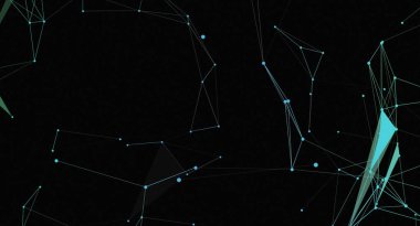Bu resim, koyu bir arkaplan üzerinde bağlantılı çizgiler ve noktalar olan soyut bir ağ tasvir eder. Çizgiler, çeşitli geometrik şekillere sahip ızgara benzeri bir yapı oluşturarak dijital teknoloji ve geleceksel tasarım hissi uyandırıyor..