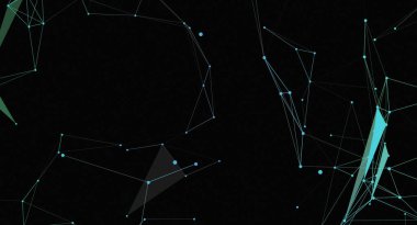 Bu soyut resim, birbirine bağlı çizgiler ve noktalar ağını, karanlık bir arkaplanda derinlik ve karmaşıklık hissi yaratarak gösteriyor. Teknoloji, fütüristik tasarım ve iletişimle ilgili konular için uygundur..