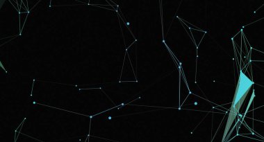 Bu resim açık mavi çizgilerden oluşan bir ağı ve siyah bir arkaplan üzerinde noktaları içerir. Teknoloji ya da bilimle ilişkili karmaşık, dijital bir bağlantı ya da ağ yapısına benzeyen soyut ve geometrik bir deseni tasvir eder..