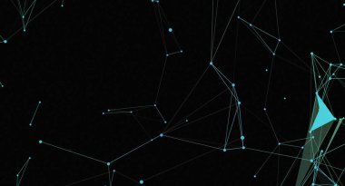 Noktaları siyah bir arkaplana bağlayan mavi çizgilerden oluşan bir ağ içeren soyut bir dijital tasarım. Geometrik yapı bir bağlantı ya da modern teknoloji konseptini akla getiriyor..