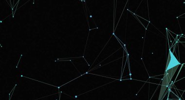 Açık mavi düğümlerin koyu arkaplana karşı çizgilerle birbirine bağlı olduğu bir ağ bağlantısının soyut temsili. Tasarım dijital iletişim, veri transferi veya teknolojik kavramları öneriyor.