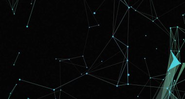 Mavi ve gri birbirine bağlı noktalar ve çizgilerle soyut teknoloji arka planda siyah bir ağ oluşturuyor. Bağlantı, teknoloji ve veri akışını temsil eder.