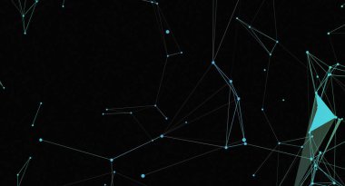 Koyu bir arkaplan, açık mavi çizgiler ve noktalardan oluşan soyut bir ağ içerir. Tasarım, teknolojik ya da geleceksel bir konsepte işaret ediyor. Bu grafik teknik tasarım arka planı veya iletişimle ilgili konular için kullanılabilir