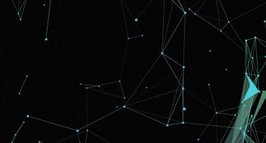 Bu, siyah arkaplandaki noktaları birleştiren açık mavi çizgilerden oluşan bir ağı gösteren soyut bir dijital resim. Minimalist tasarım bir bağlantı ve teknoloji duygusu iletir. Çeşitli teknolojiler için uygun yaratıcı ve fütüristik bir çizim. 