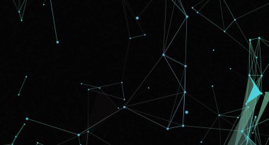 Açık mavi noktalı soyut dijital ağ arkaplanı ve siyah bir arkaplan üzerinde bağlantı çizgileri. Bu resim bir bağlantı, teknoloji ve geleceksel tasarım hissini iletir. Çeşitli teknolojik görseller ya da soyut sanat temaları için uygundur.