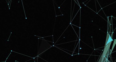 Bu resim, siyah zemin üzerinde mavi çizgiler ve noktalar bulunan soyut bir ağ bağlantısını modern ve geleceksel bir his yaratarak gösteriyor. Bağlı çizgiler ve noktalar ile geometrik tasarım teknoloji ve yapı hissi verir.