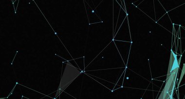 Bu resim koyu bir arkaplanda soyut bir geometrik ağı gösterir. Sağ alttaki gölgelenmiş çokgenlerle birlikte açık mavi renkte birbirine bağlı çizgiler ve düğümler içerir, bu da dijital bağlantı hissi verir..