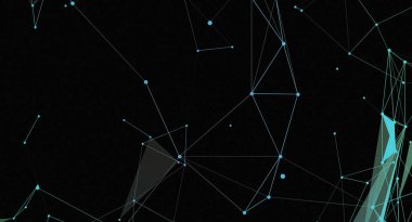 Siyah zemin üzerinde mavi çizgiler ve noktalar olan soyut bir ağ bağlantısı. Görüntü, dijital ve teknoloji temalı projeler için uygun, teknolojik bir yapıya benzeyen geometrik çokgen bir tasarıma sahiptir..