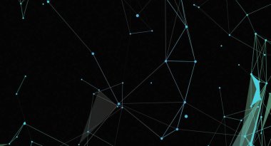 Bu resim siyah bir arkaplan ile noktaları birleştiren açık mavi çizgilere sahip soyut bir ağ yapısına sahiptir. Geometrik tasarım, arka planlar veya çizimler için uygun, birbiriyle bağlantılı ve modern teknolojiyi çağrıştırıyor..