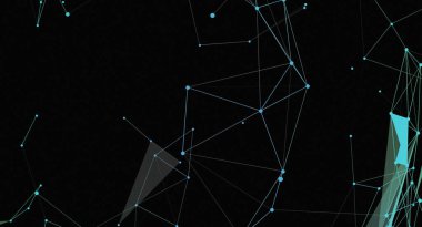 Bu soyut resim noktaları birleştiren mavi çizgileri, siyah bir arkaplan üzerinde ağ benzeri bir yapı oluşturur. Tasarım geometrik, modern ve dijital teknoloji veya iletişim sistemlerinin göstergesidir. Arka plan olarak kullanılabilir.
